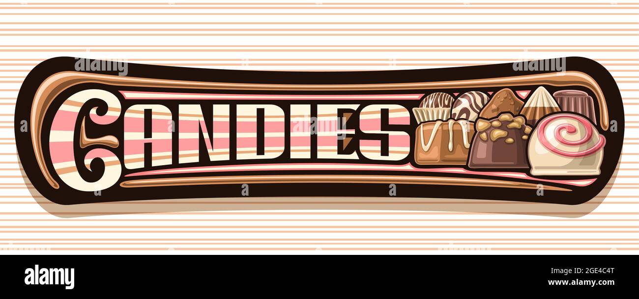 Bannière vectorielle pour bonbons au chocolat, panneau décoratif avec illustration de praline au chocolat de variété et de bonbons blancs avec spirale rose, unique en son genre Illustration de Vecteur