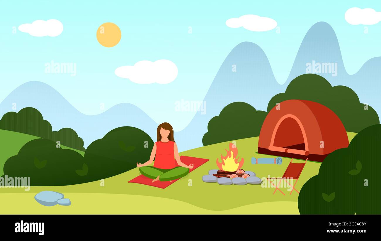 Une fille sur le fond du paysage médite par le feu. Tente, forêt, chaise. Illustration vectorielle Illustration de Vecteur