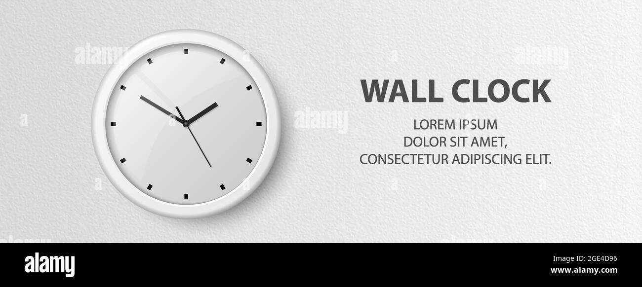 Vector 3d Realistic White Wall horloge de bureau sur fond de mur blanc texturé. Modèle de conception d'horloge de bureau avec cadran intérieur blanc. Maquette Illustration de Vecteur