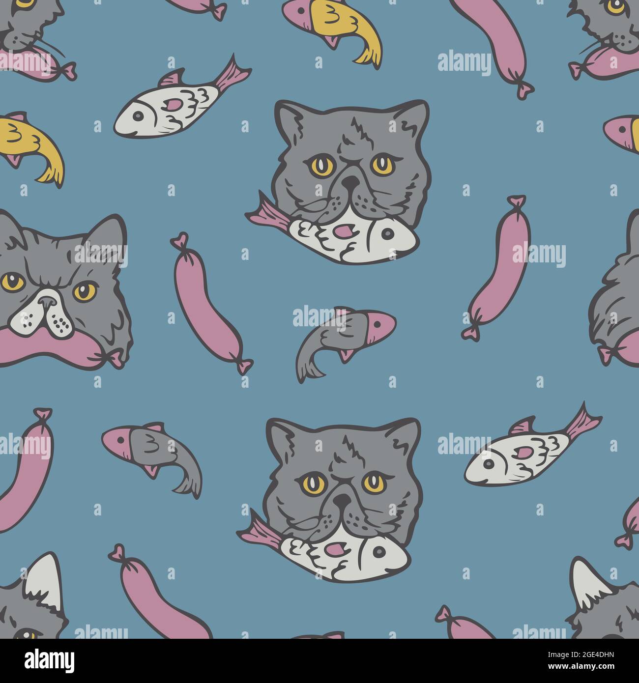 Motif vectoriel sans couture avec visages de chats et leurs aliments préférés. Chats, poissons et saucisses sur fond bleu. Illustration de Vecteur