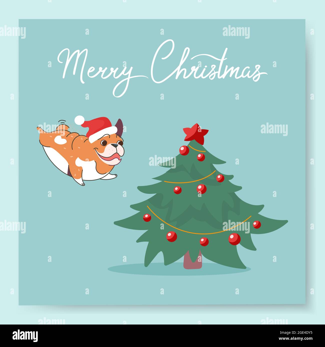 Cartes de vœux avec un adorable boudogue de dessin animé portant un chapeau de père noël. Le chien se lance à l'arbre de Noël, l'inscription Joyeux Noël. Carte postale vectorielle amusante Illustration de Vecteur
