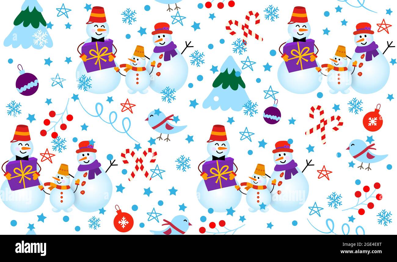 Motif hivernal avec bonhomme de neige, arbre et cadeaux. Bonhomme de neige en famille Illustration de Vecteur