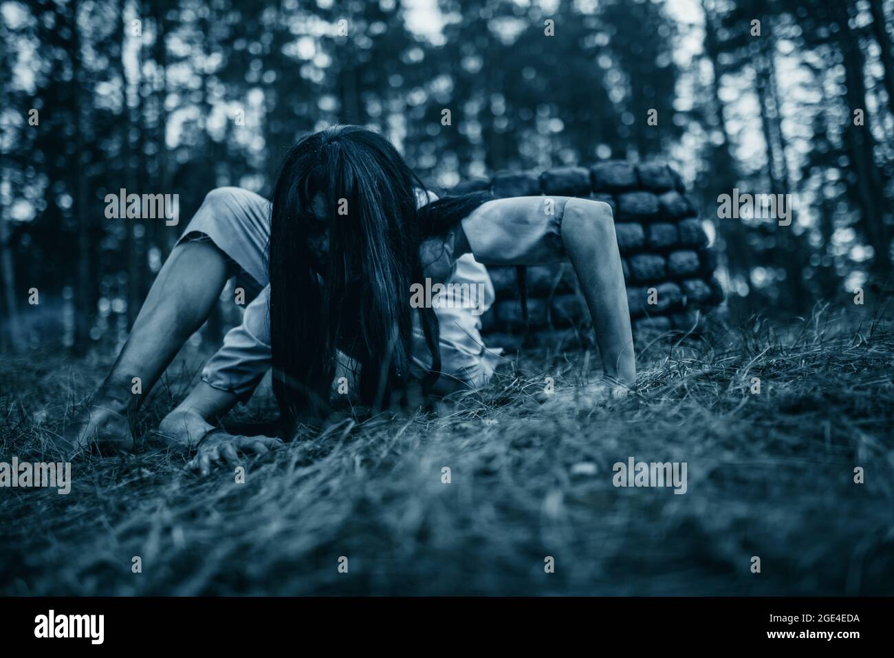 Fille avec de longs cheveux noirs à l'image de zombies fantômes effrayants rampant sur le sol dans la forêt sombre. Concept Halloween. Banque D'Images