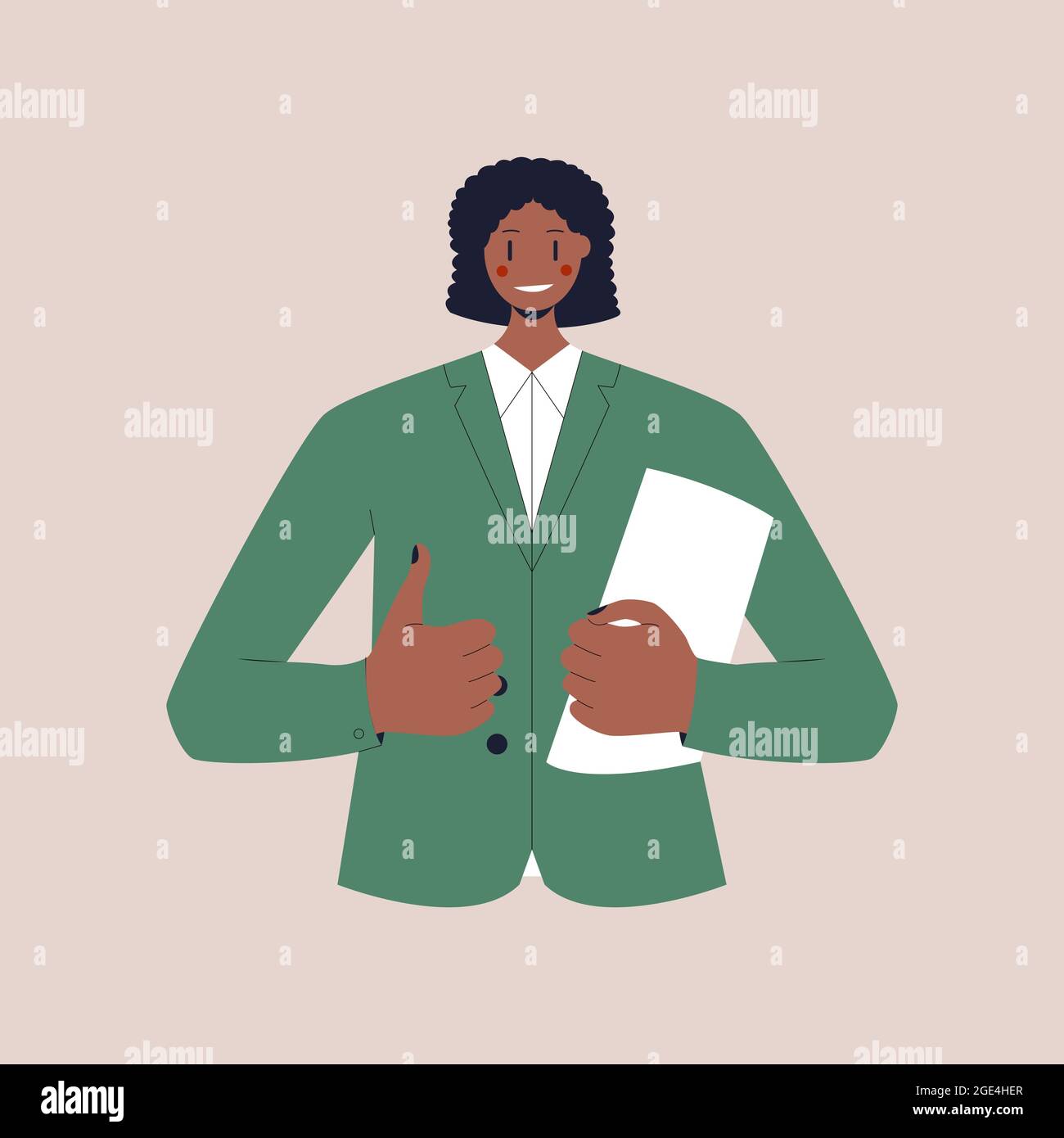 Une femme noire souriante dans un costume d'affaires tient un dossier avec des documents et montre un pouce vers le haut. Illustration vectorielle plate colorée sur un arrière-plan isolé Illustration de Vecteur