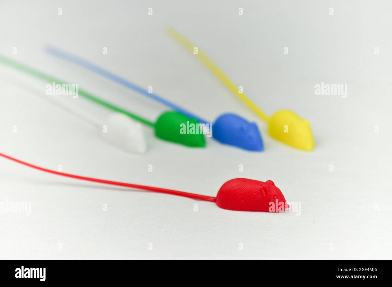 5 souris en plastique avec des queues très longues du jeu rétro, 'Mousie' (également connu sous le nom de 'catch 'em if you CAN').Les souris sont fixées contre un dos blanc Banque D'Images