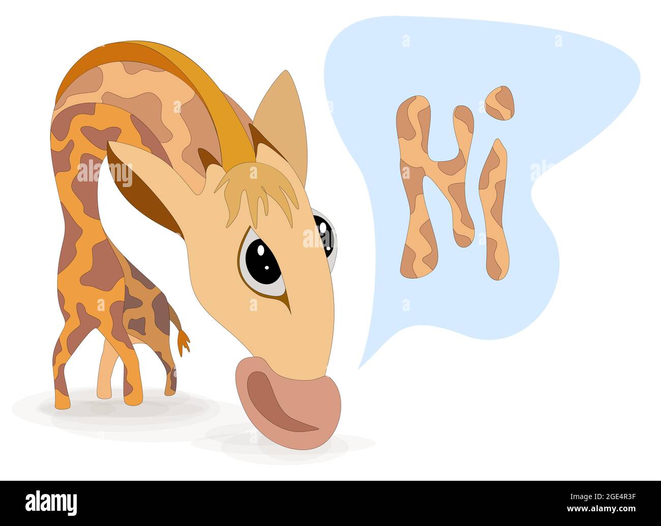 Image vectorielle d'une girafe dans une posture embarrassante, salutation avec un mot situé à côté dans un nuage et ayant la couleur d'une girafe Illustration de Vecteur