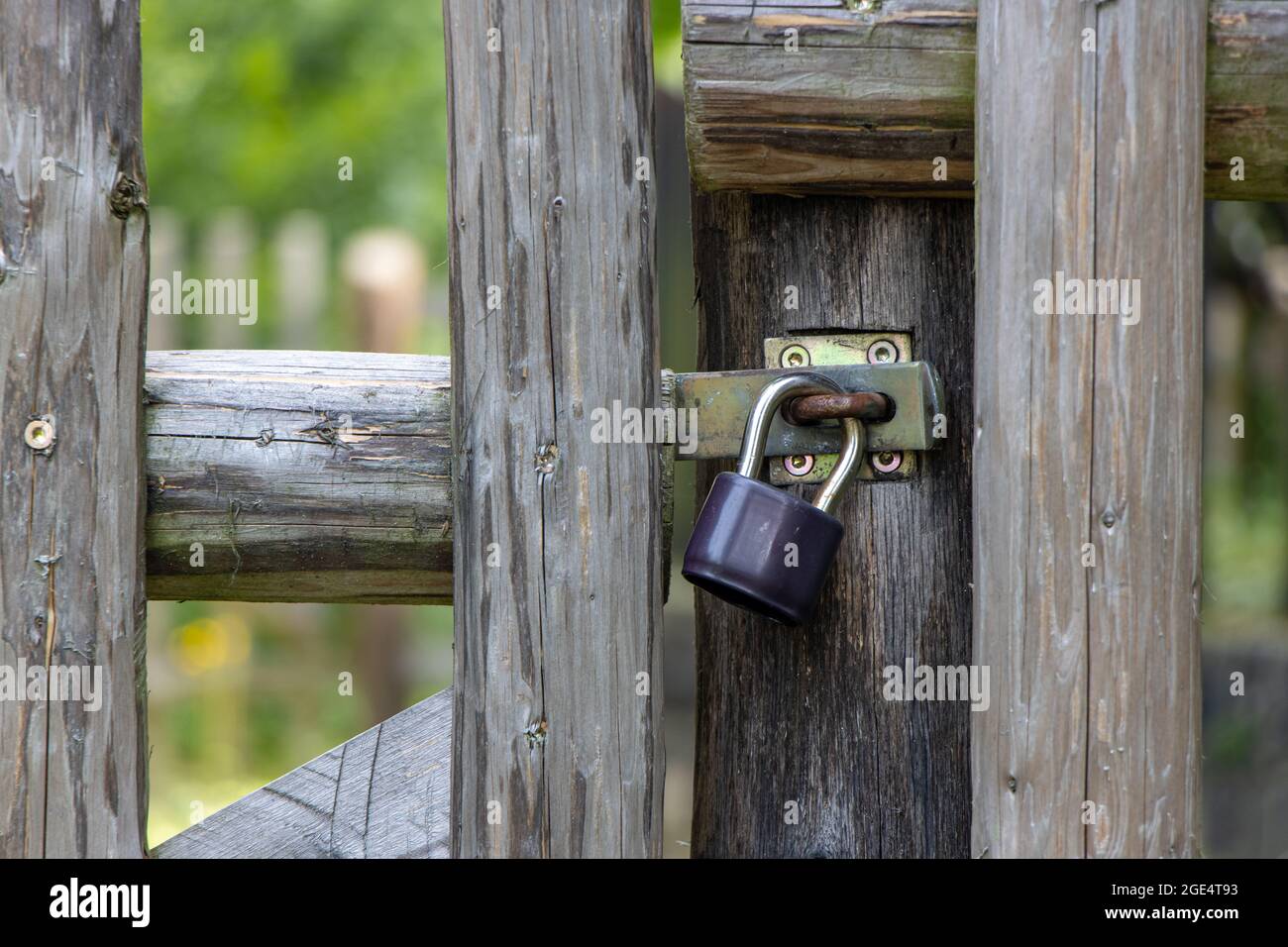 Le cadenas est verrouillé sur une porte dans une clôture en bois. Banque D'Images