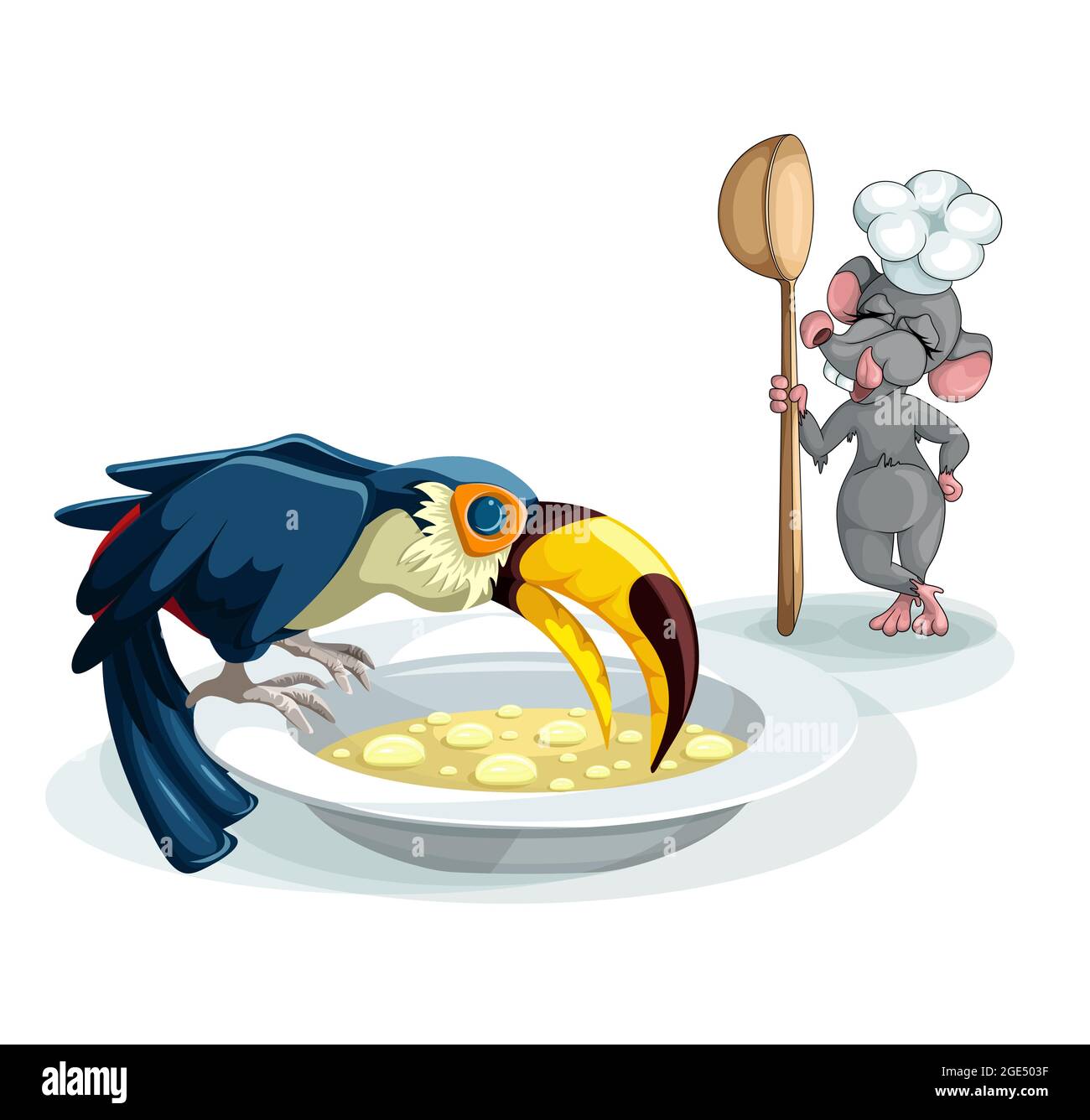 Image vectorielle d'une souris et d'un toucan sur fond blanc engagé dans la cuisine et la dégustation de nourriture. Concept. SPE 10 Illustration de Vecteur