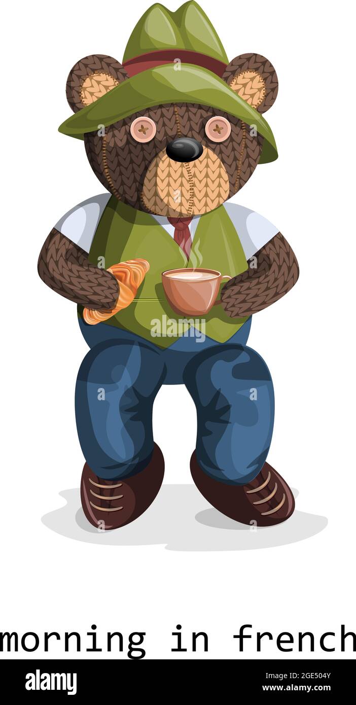Image vectorielle d'un ours en peluche, représenté vivant avec un soupçon  d'humanité et d'origine aristocratique, portant un chapeau avec une tasse  de café et un croissant. C Image Vectorielle Stock - Alamy