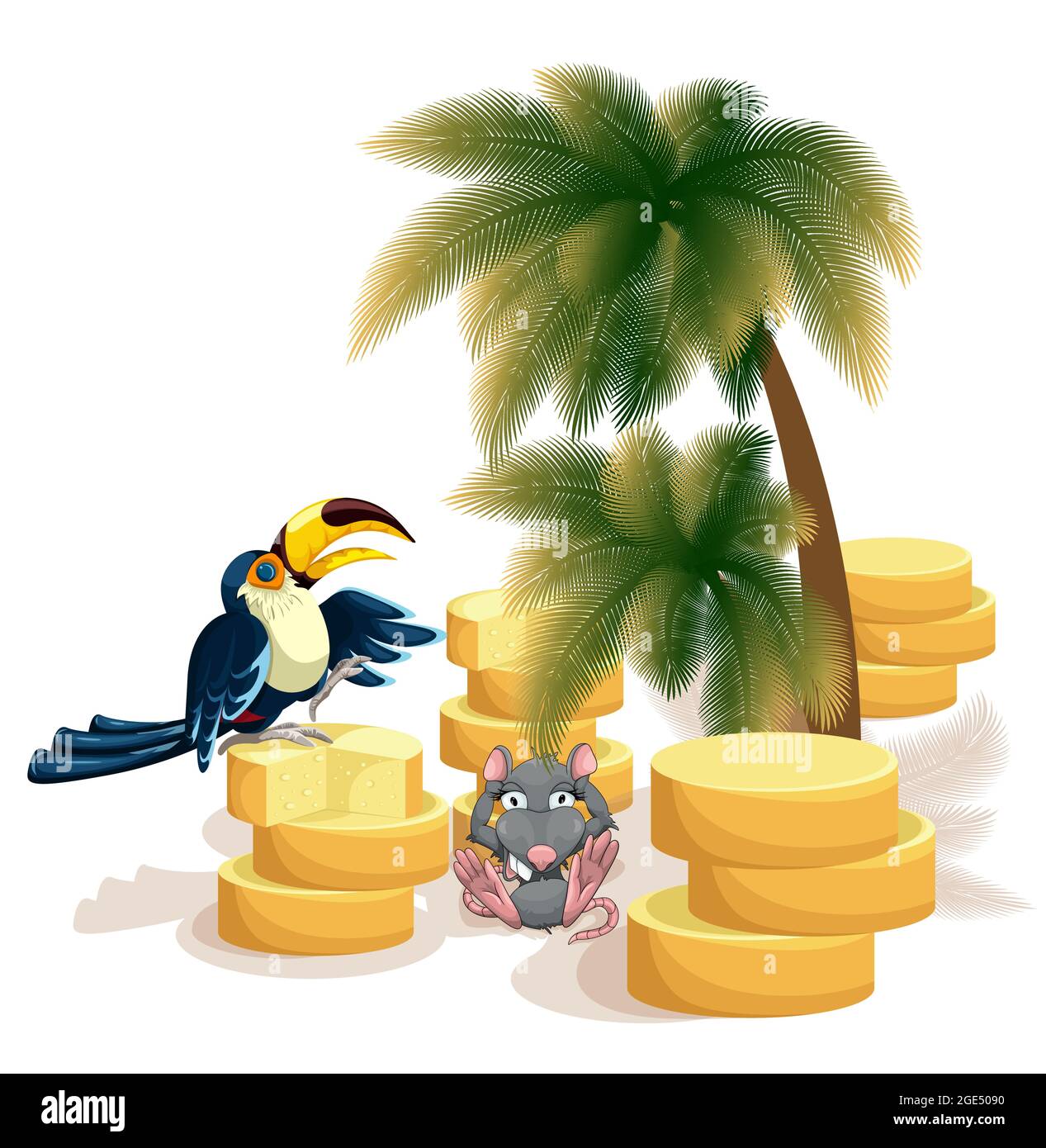 Image vectorielle d'une souris assise au milieu d'un entrepôt entier de fromage sur l'île avec son ami toucan. Concept. SPE 10 Illustration de Vecteur