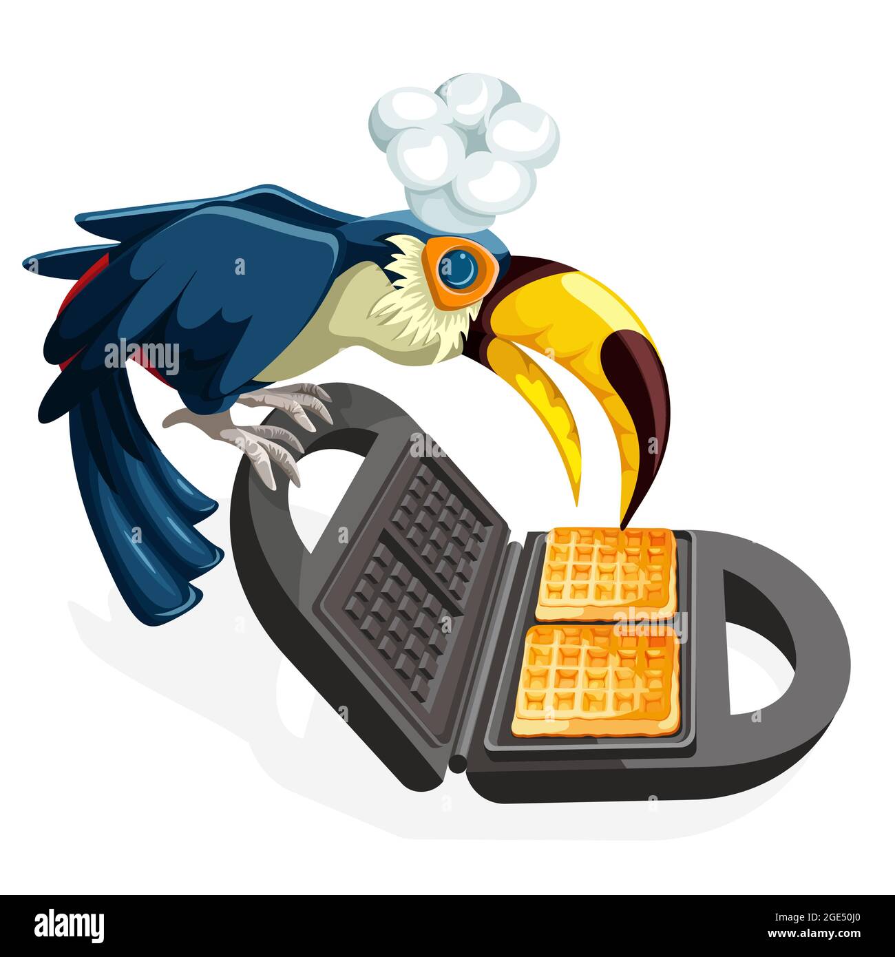 Image vectorielle d'un toucan avec un chapeau de cuisinier sur fond blanc préparant une friandise dans un gaufrier. Concept. Style de dessin animé. SPE 10 Illustration de Vecteur