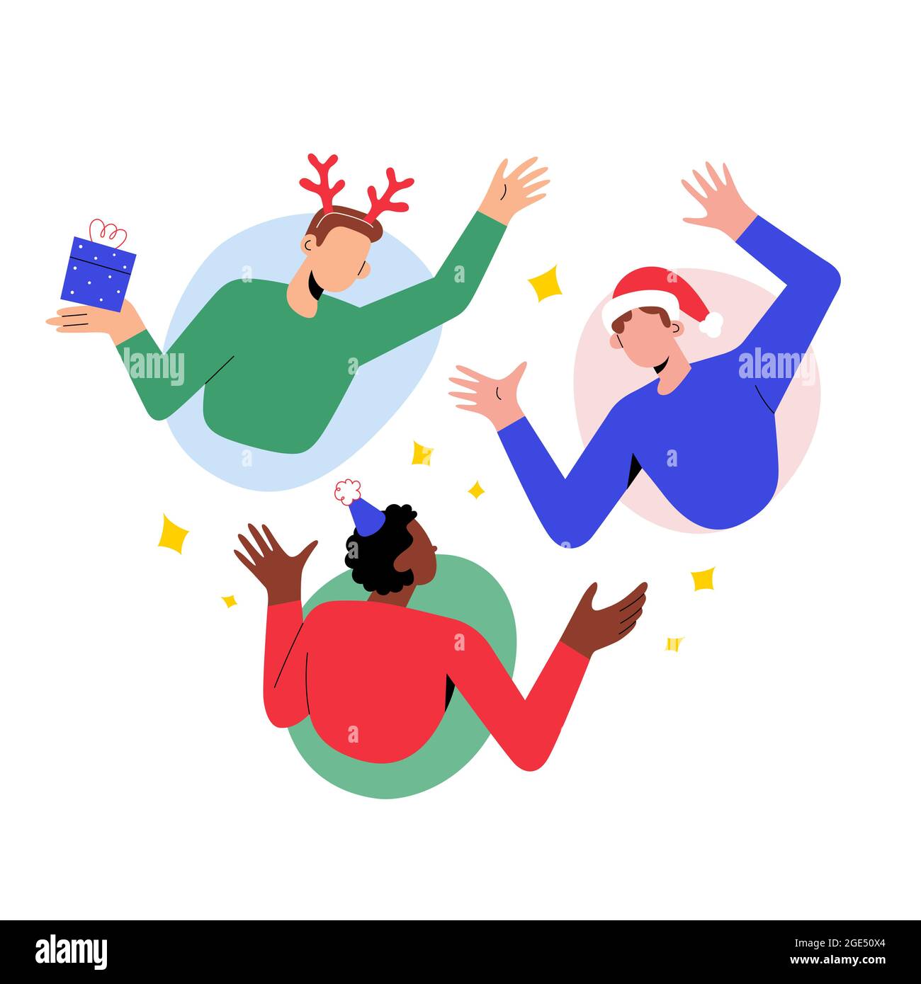Fête de Noël en ligne, appel vidéo, amis joyeux célébrant la veille de Noël ou le nouvel an en utilisant la vidéo conférence, boire du champagne agitant Illustration de Vecteur
