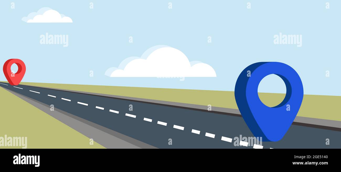 Image vectorielle. Route asphaltée marquée d'un point de départ et d'un point d'arrivée marqué d'une marque rouge et bleue. Dans un style de dessin animé. SPE 10 Illustration de Vecteur