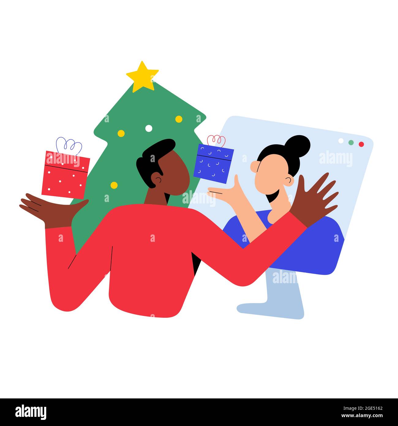 Appel vidéo de Noël, jeune couple célébrant la veille de Noël avec délire, en utilisant la vidéo conférence, l'échange de cadeaux, illustration de dessin animé vectoriel Illustration de Vecteur