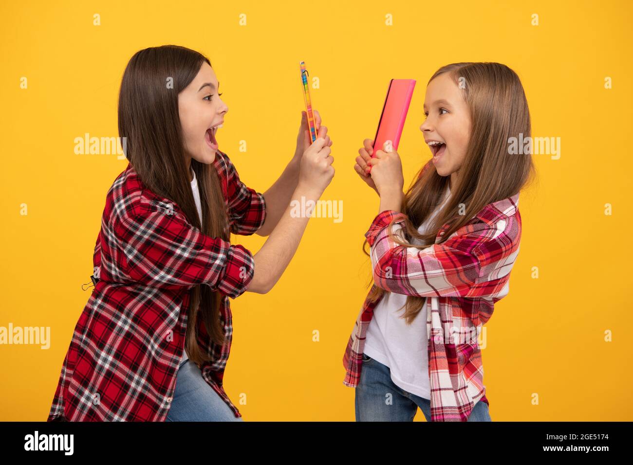 les enfants heureux dans une chemise à carreaux décontracté ayant du plaisir avec les carnets, l'école Banque D'Images