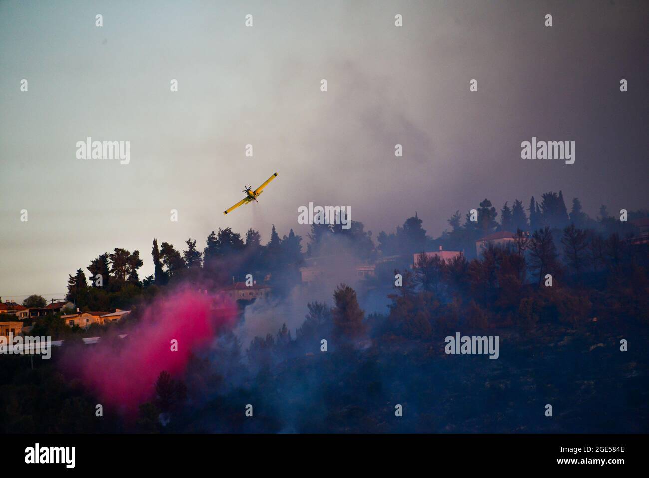 GIV’at Ye’arim / Shoresh. Jérusalem-Ouest, 16 août 2021. Les forces de lutte contre les incendies luttent pour éteindre un feu de forêt massif le deuxième jour de sa combustion, les pentes occidentales des montagnes de Jérusalem. Village de GIV’at Ye’arim / Shoresh. Jérusalem-Ouest, 16 août 2021. (Photo de Matan Golan/Alay Live News) crédit: Matan Golan/Alay Live News Banque D'Images