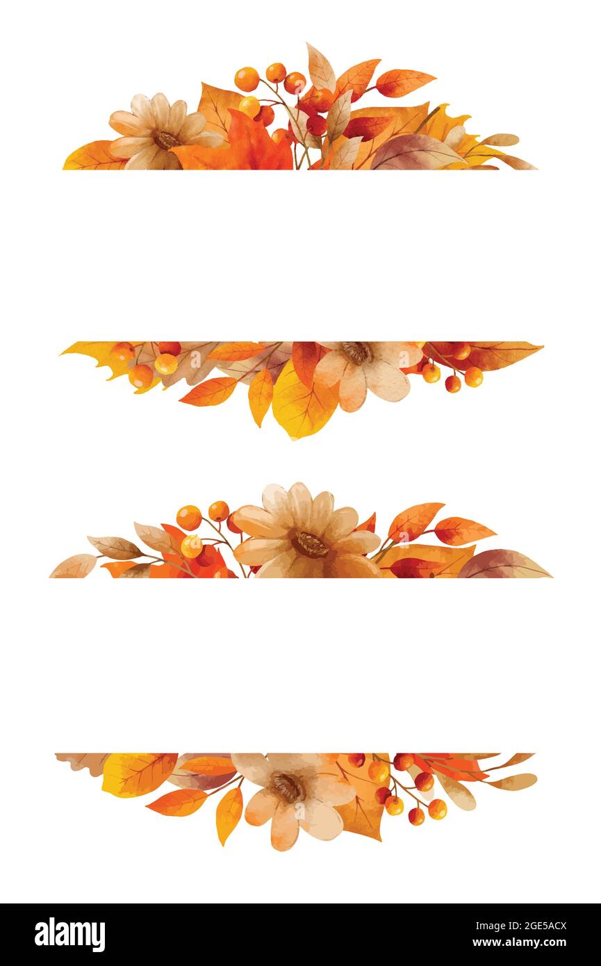 Fleurs et feuilles d'automne style aquarelle. Couronnes et bordure du cadre. Illustration de Vecteur