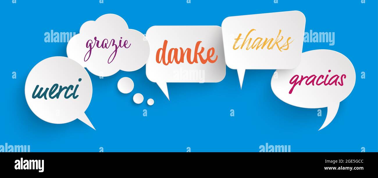Illustration vectorielle EPS 10 de la ligne de bulles de voix colorées arrière-plan bleu avec texte de message d'accueil ' merci ' dans différent langues Illustration de Vecteur