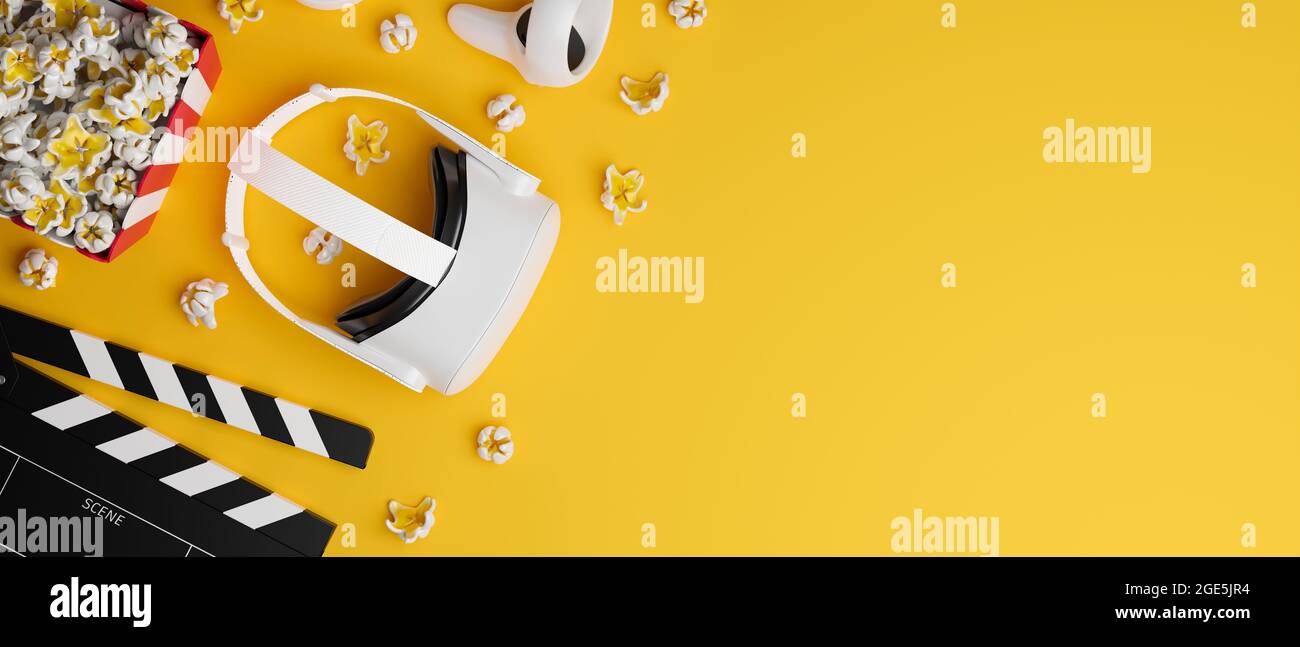 Concept d'affiche de cinéma de réalité virtuelle, casque vr, contrôleurs,  clapper de film, pop-corn, grand espace de copie sur fond jaune créatif,  rendu 3d Photo Stock - Alamy