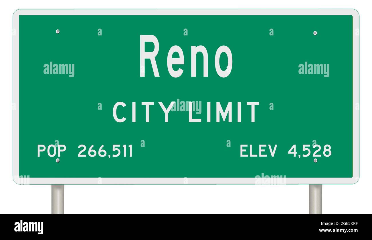 Rendu d'un panneau vert de l'autoroute du Nevada avec des informations sur la ville Banque D'Images