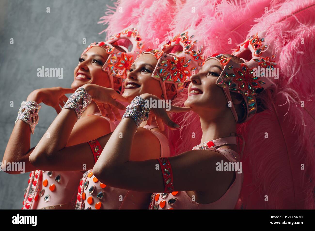 Portrait de profil de trois femmes en costume de samba ou de lambada avec plumes roses. Banque D'Images