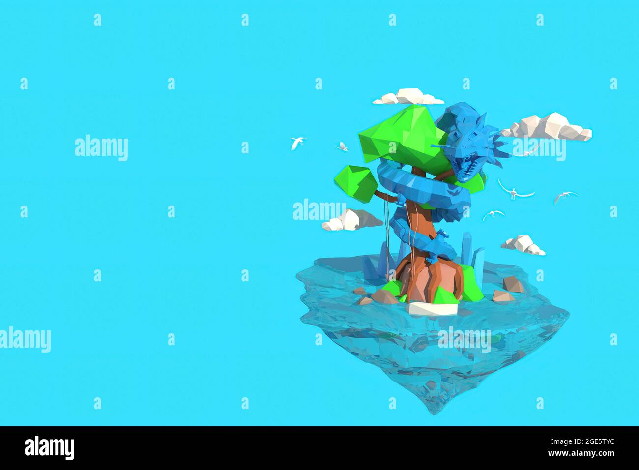 Illustrateur 3D d'un dragon enroulé autour d'un arbre. Rendu 3D d'un modèle de polygone bas incluant la sélection de la trajectoire Banque D'Images