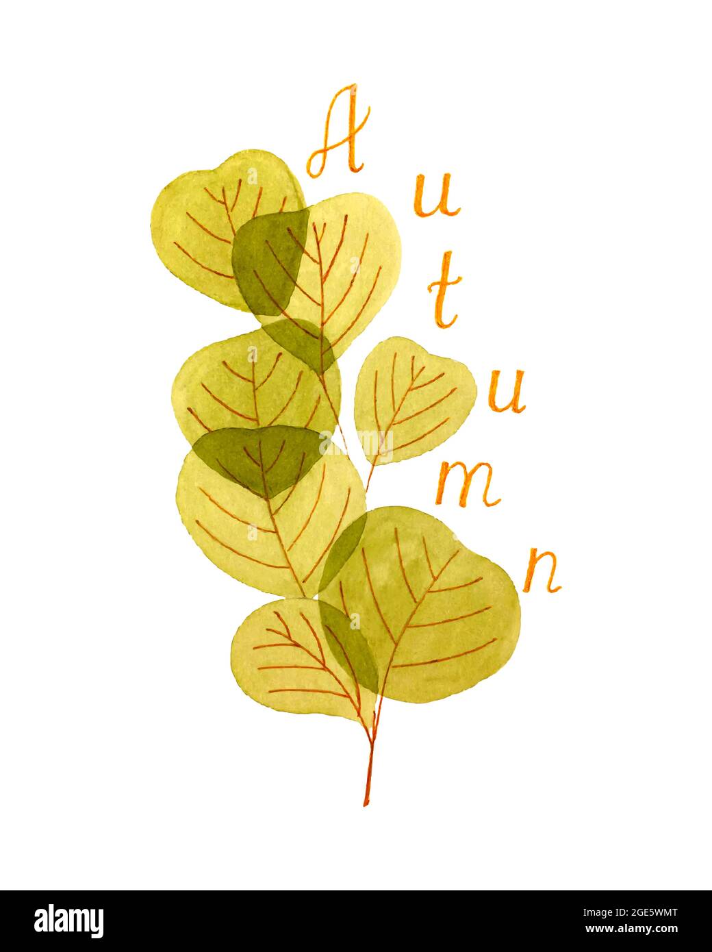 Branche aquarelle d'automne avec feuilles, inscription AUTOMNE, dessin à la main, vecteur, sur fond blanc. Pour bannière, carte postale, arrière-plan, toile de fond. Illustration vectorielle Illustration de Vecteur