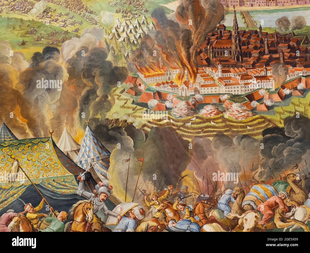 Fresque au plafond dans l'allée latérale de l'église Sainte-Catherine, désaffectation de Vienne en 1683, mausolée des Habsbourg, Graz, Styrie, Autriche Banque D'Images