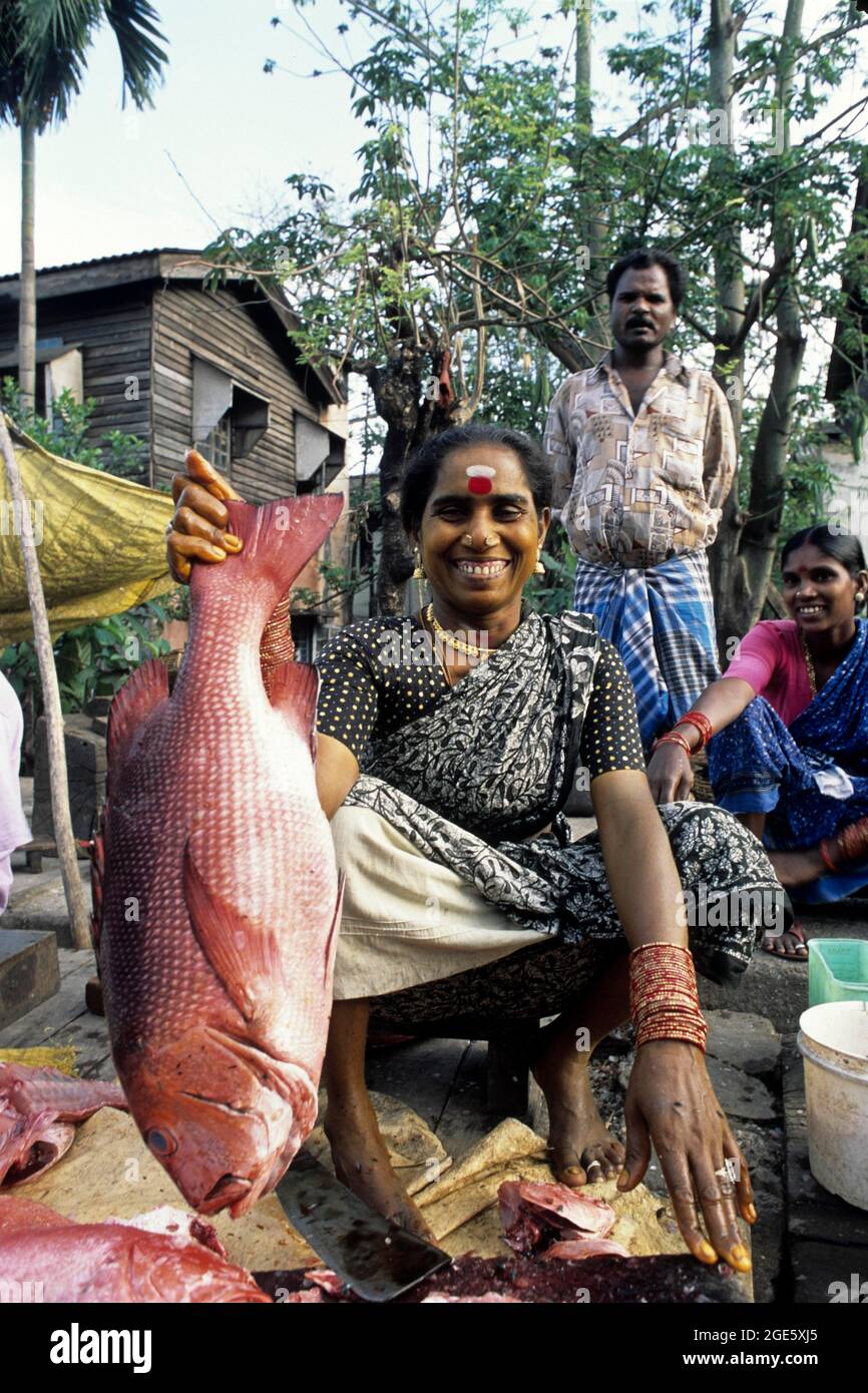 Femmes vendant du poisson à Port Blair, aux îles Andaman et Nicobar, en Inde Banque D'Images