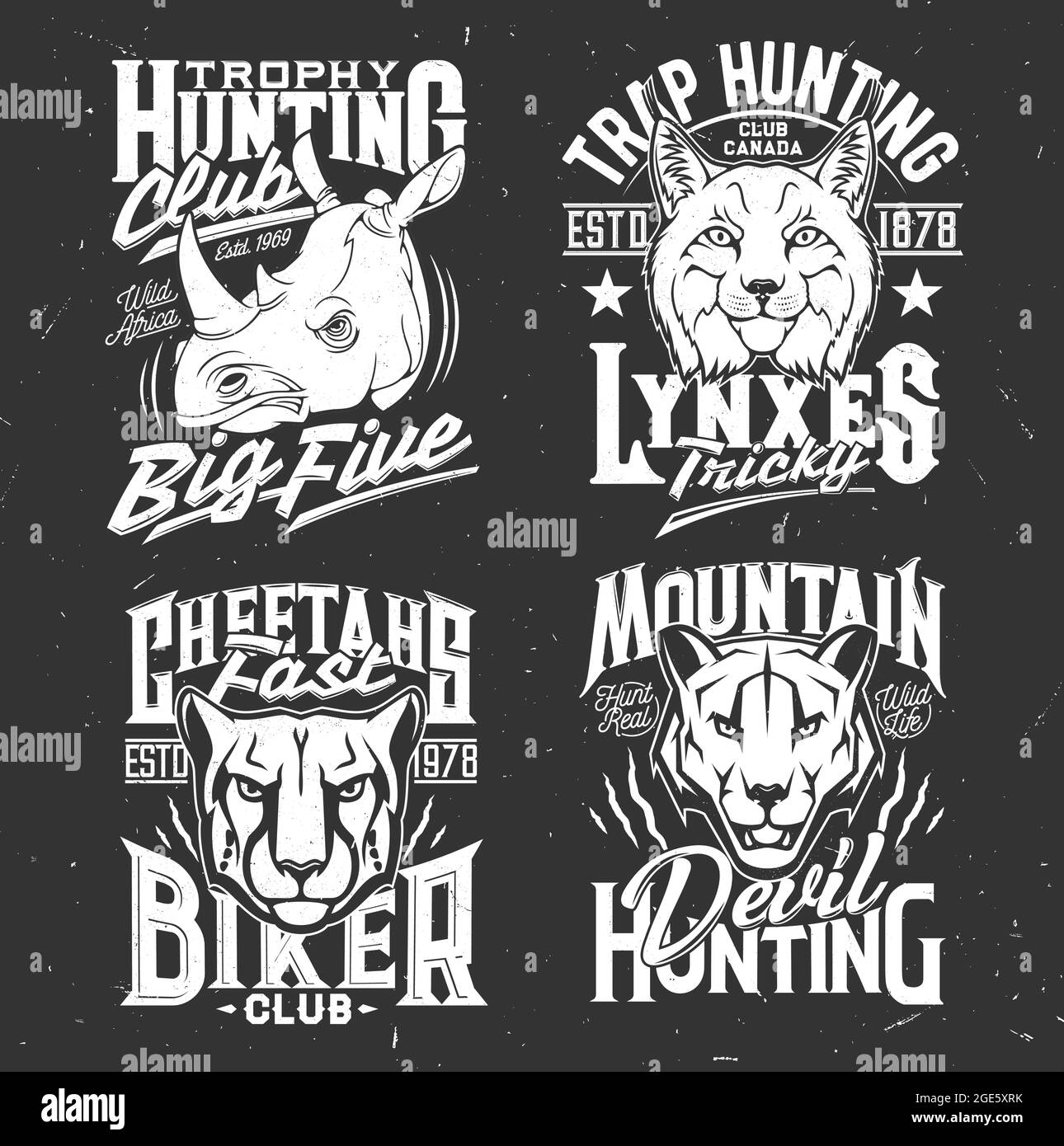 T-shirt avec puma couguar, guépard, rhinocéros, lion de montagne et têtes  de lynx. Mascottes vectorisées pour la chasse et la conception de vêtements  de club de motards. Emblème de t-shirt Image Vectorielle