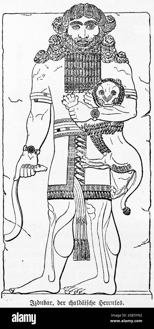 Sun god Izdubar, le chaldéen Hercules, figure d'un poème héroïque mythique pré-chrétien, illustration historique de 1881 Banque D'Images