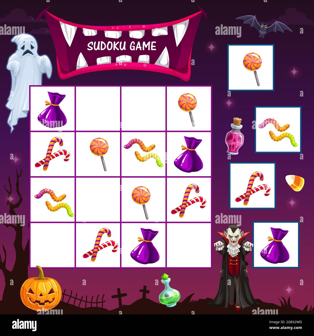 Jeu de société enfant Halloween avec potions magiques. Jeu de course pour enfants, modèle de jeu de société pour enfants avec vecteur de dessin animé élixirs magiques, voler agaric Illustration de Vecteur