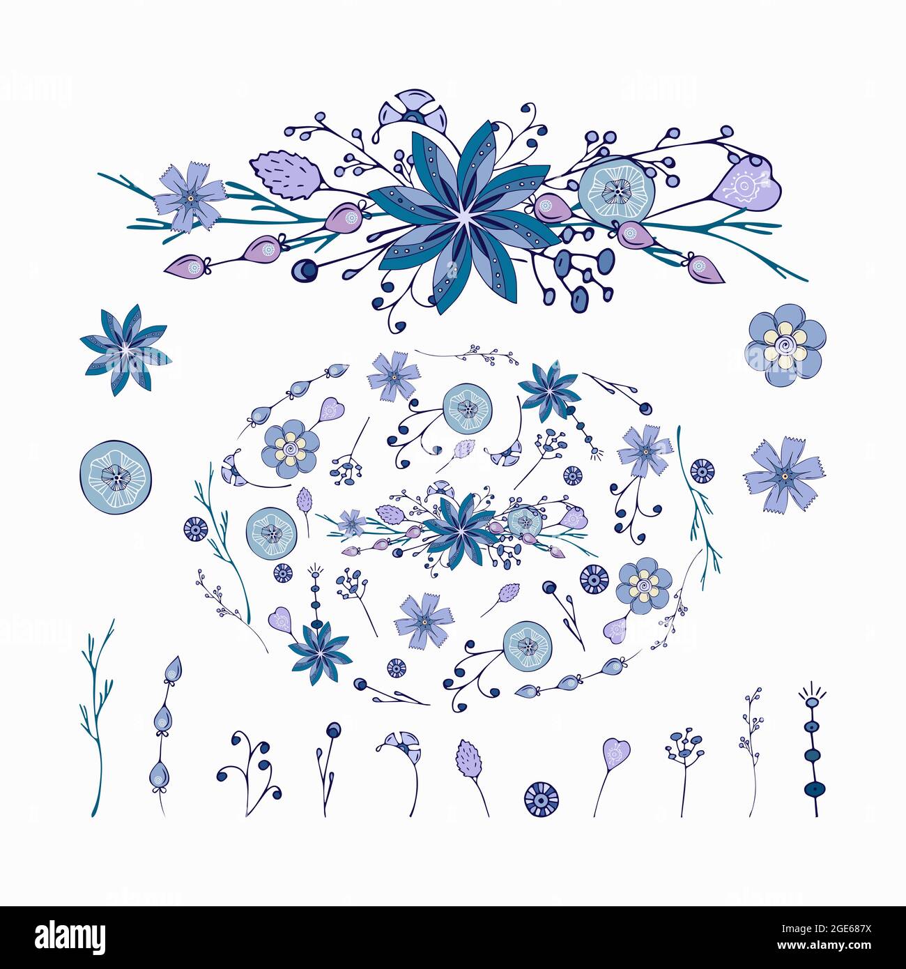 Ensemble d'ornement d'hiver et de gribouillage éléments de dessin à la main, ronds, éléments un par un pour le design, bouquet froid, ornement, isolé, fond blanc. Illustration vectorielle Illustration de Vecteur