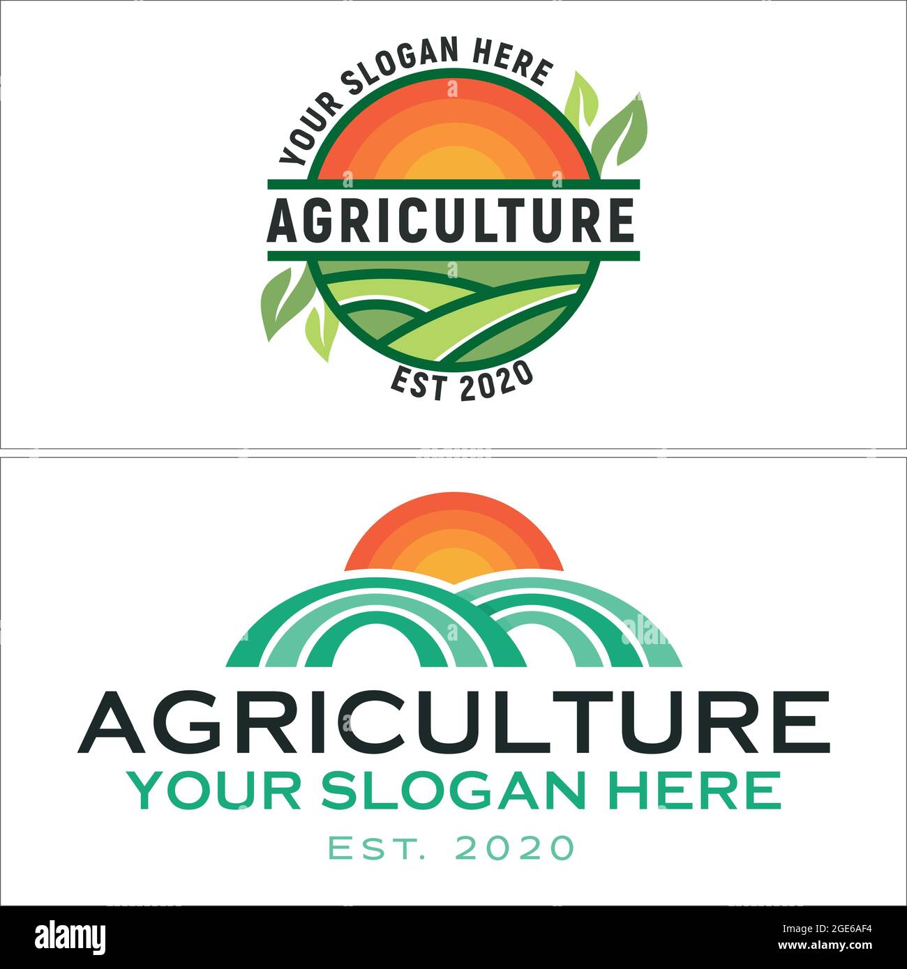 Logo agriculture avec soleil et feuilles d'herbe Illustration de Vecteur