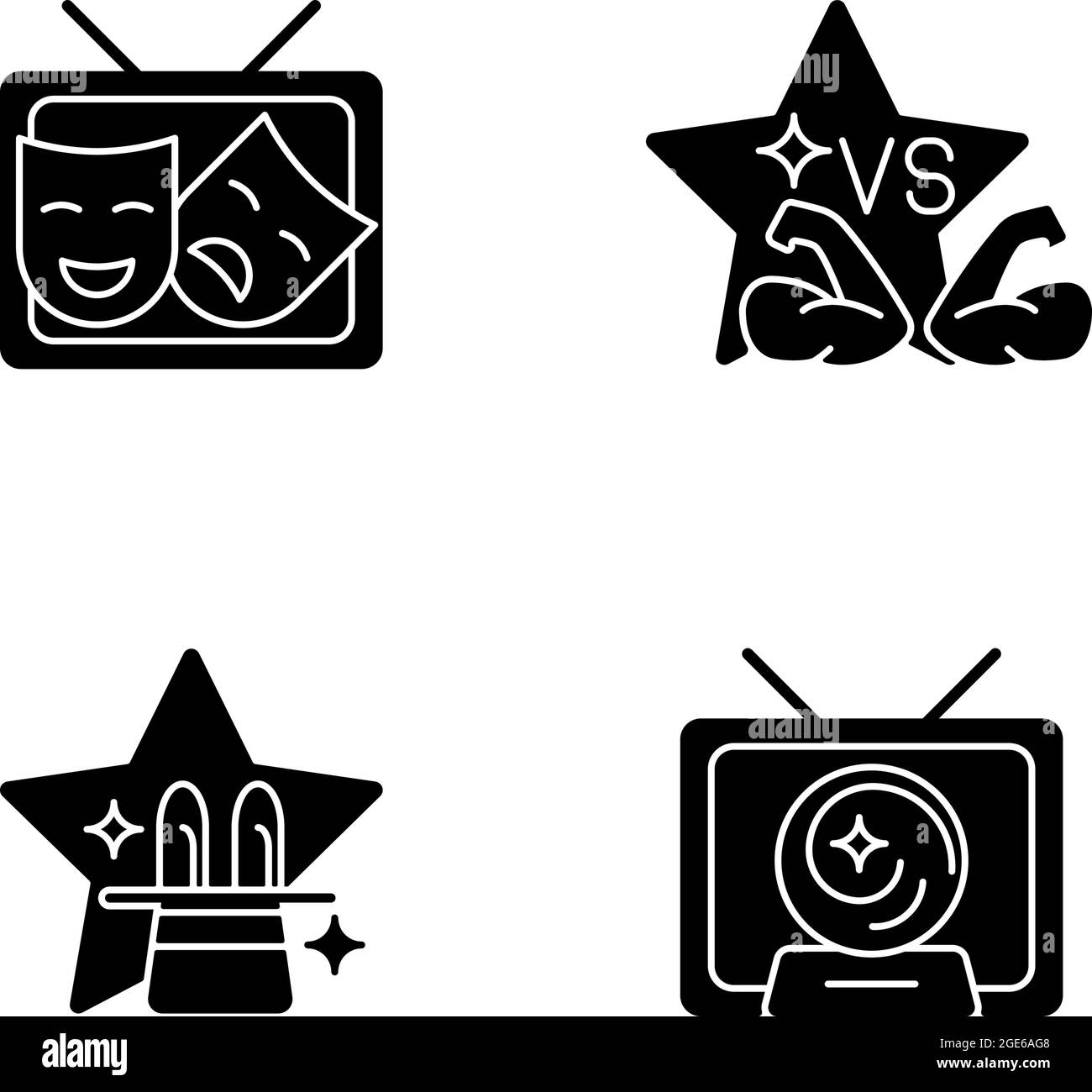 Le téléviseur affiche les genres d'icônes de glyphe noir définies sur un espace blanc Illustration de Vecteur