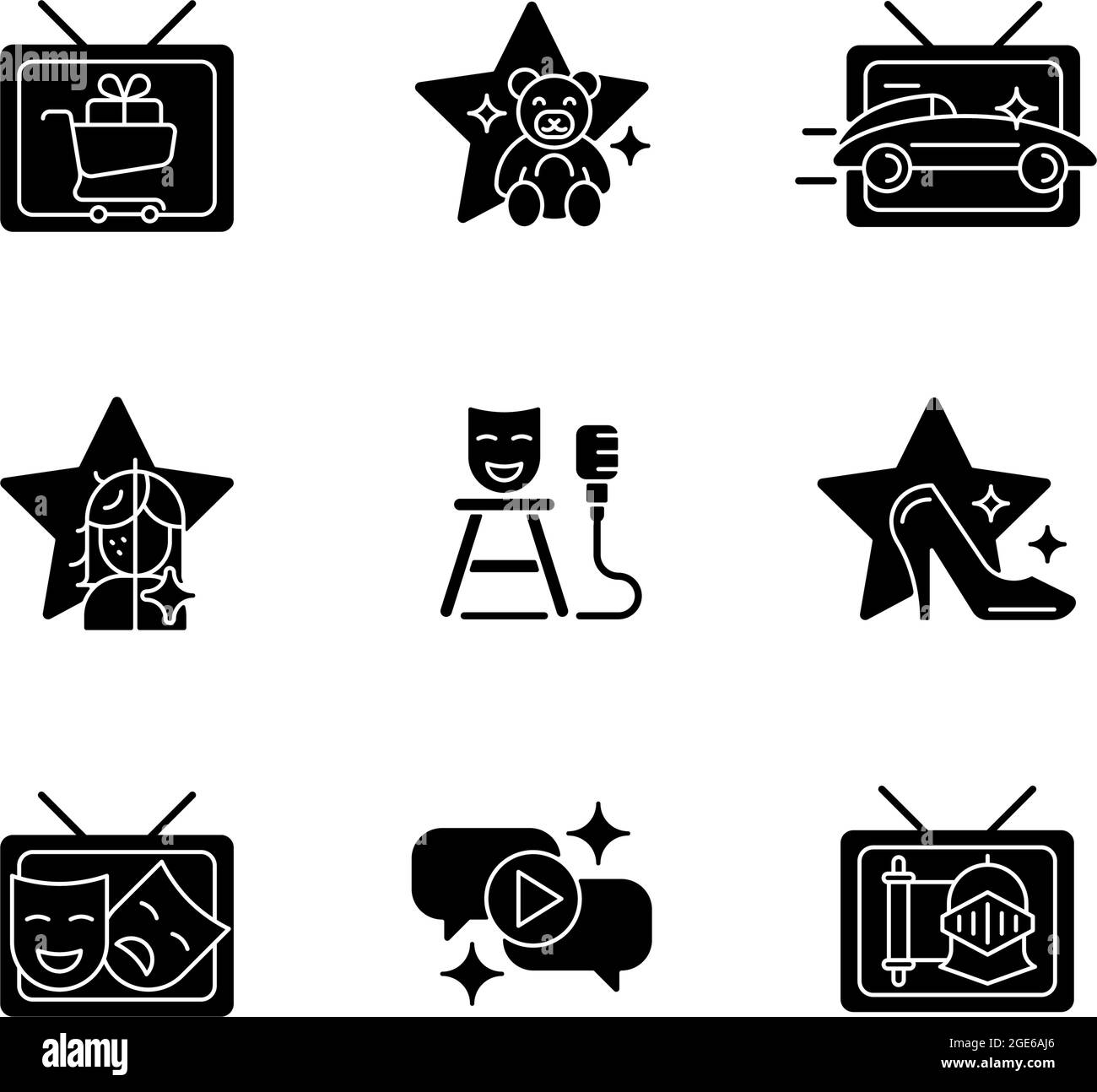 Le téléviseur affiche des icônes de glyphe noir sur un espace blanc Illustration de Vecteur