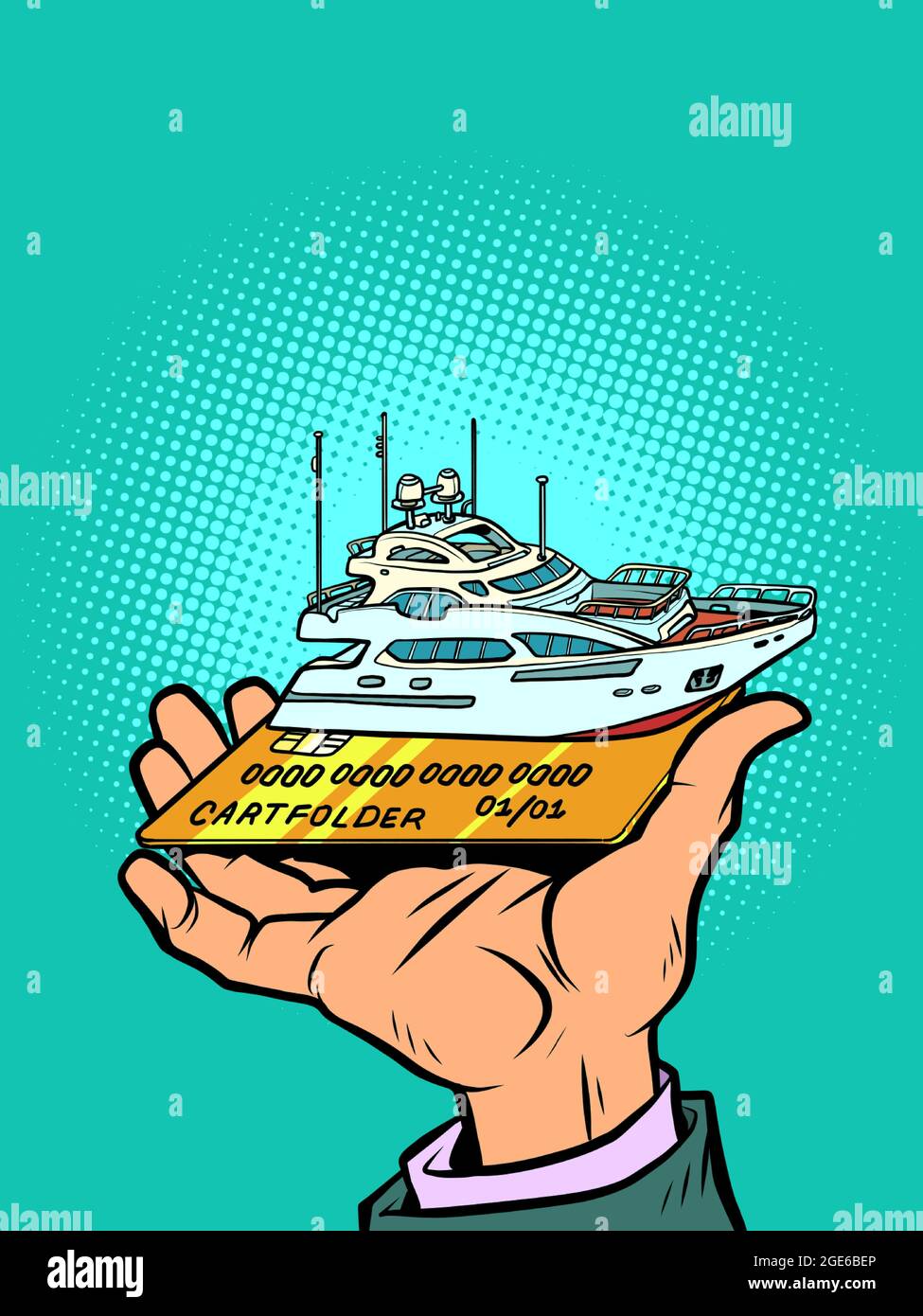 bateau de passagers yacht privé, voyage en mer et pêche, carte bancaire de crédit ou de débit Illustration de Vecteur