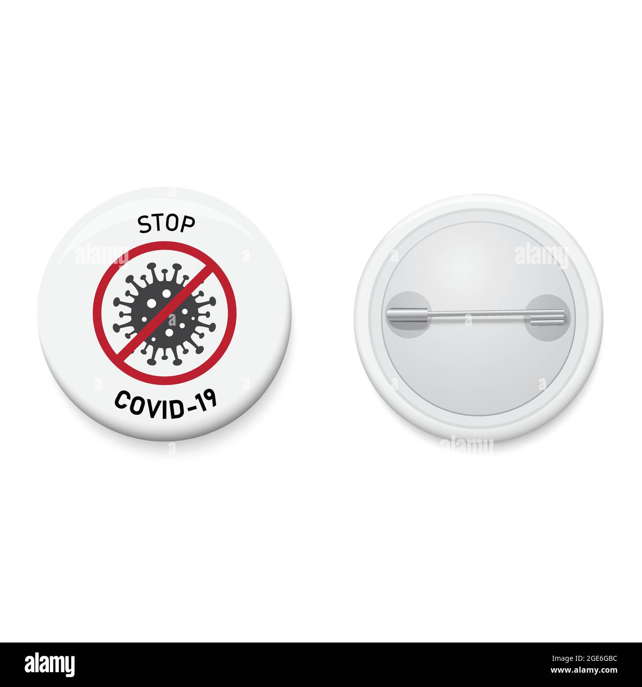 Badge blanc avec symbole de virus Corona et texte STOP COVID-19. Bouton d'épingle réaliste. Vecteur et illustration. Illustration de Vecteur