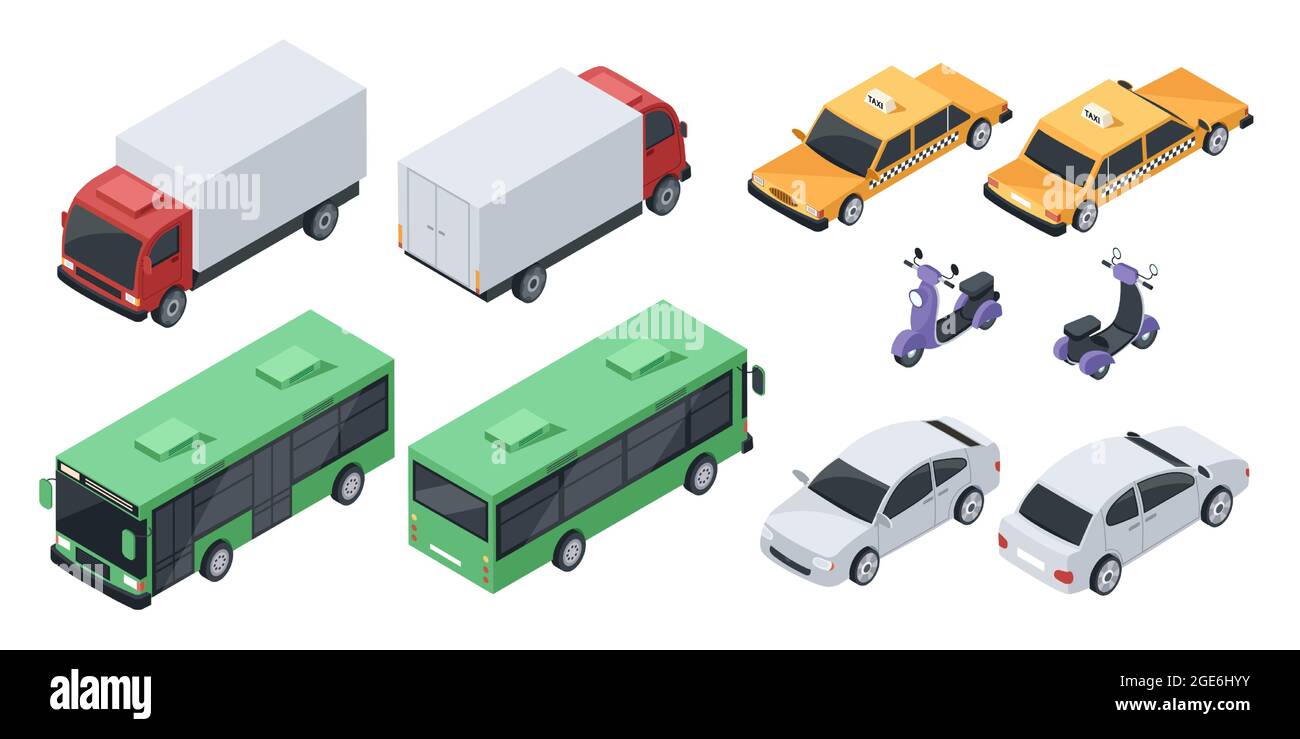Isométrique 3d transport urbain, véhicules de transport, voitures. Vue avant et arrière d'une berline, d'un autobus, d'un camion et d'un ensemble de trottinettes Vector. Taxi jaune ou taxi pour les passagers, automobile privée Illustration de Vecteur