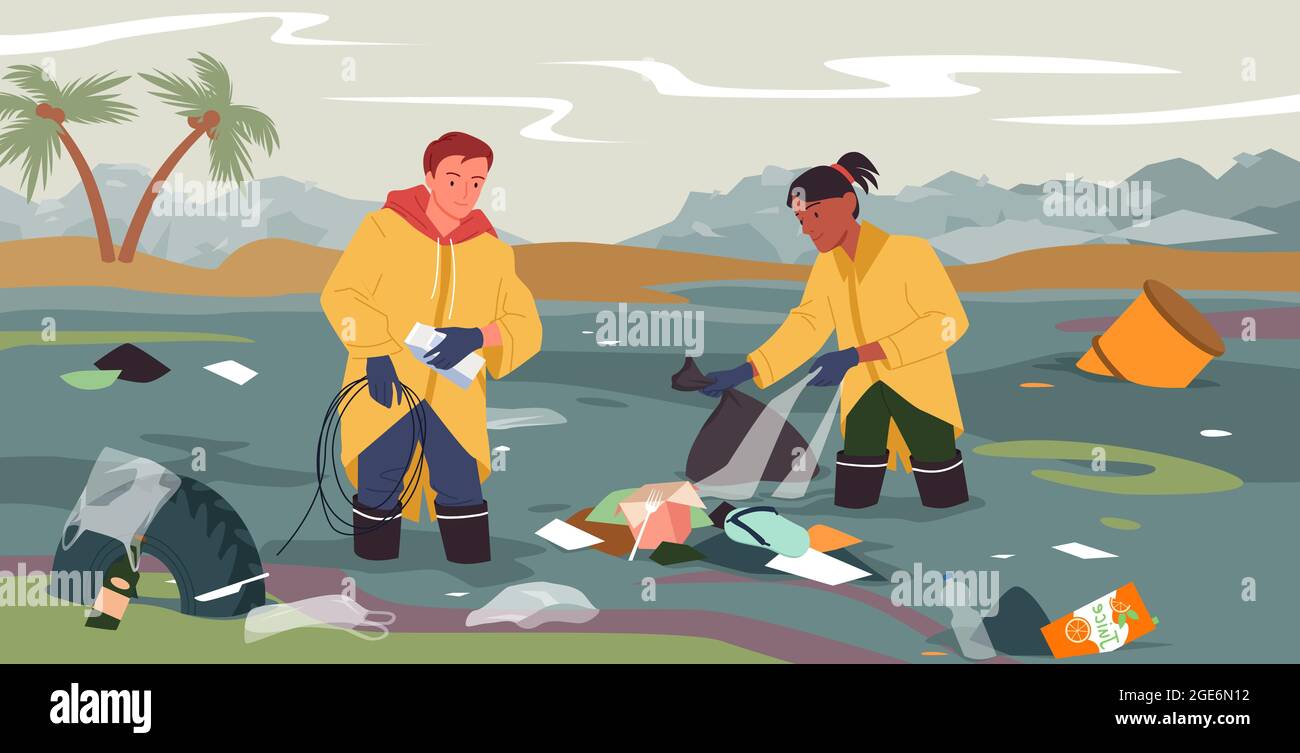 Les gens nettoient la rivière sale des ordures, la plage polluée, les bénévoles nettoyant l'eau Illustration de Vecteur