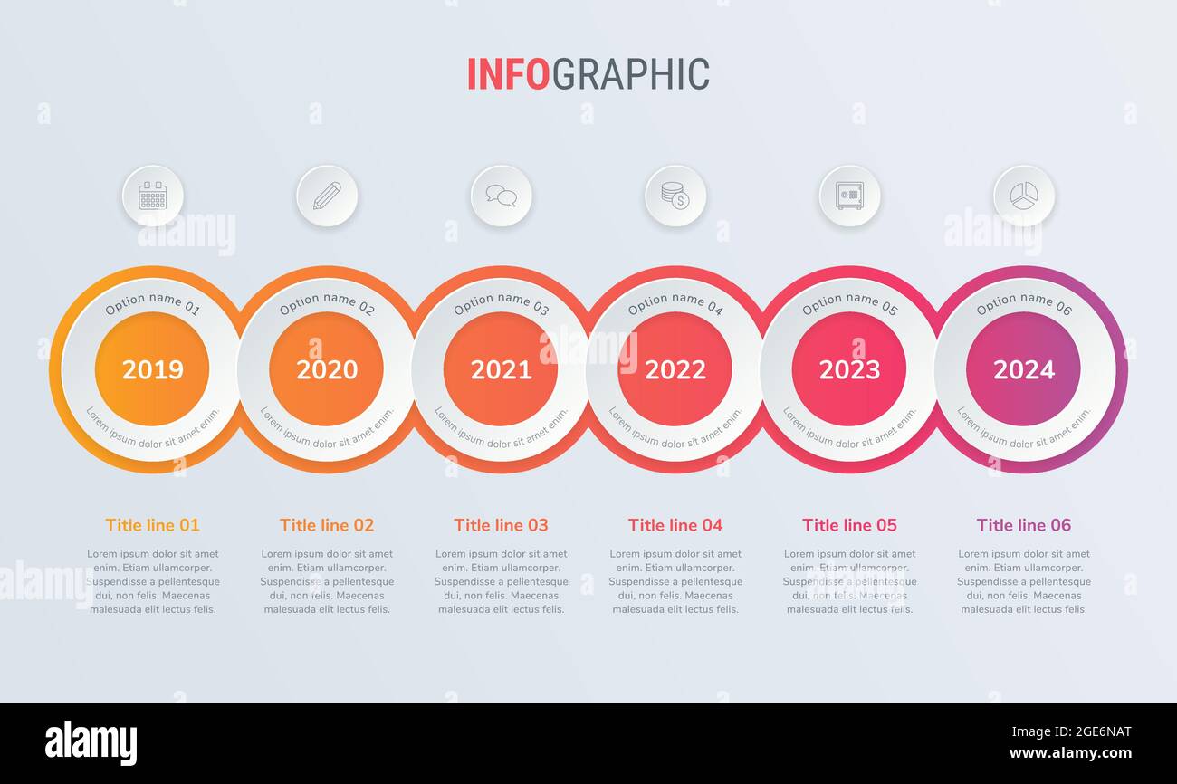 Modèle d'infographie abstrait du cercle d'activités avec 6 étapes. Diagramme rouge, chronologie et calendrier isolés sur fond clair. Illustration de Vecteur