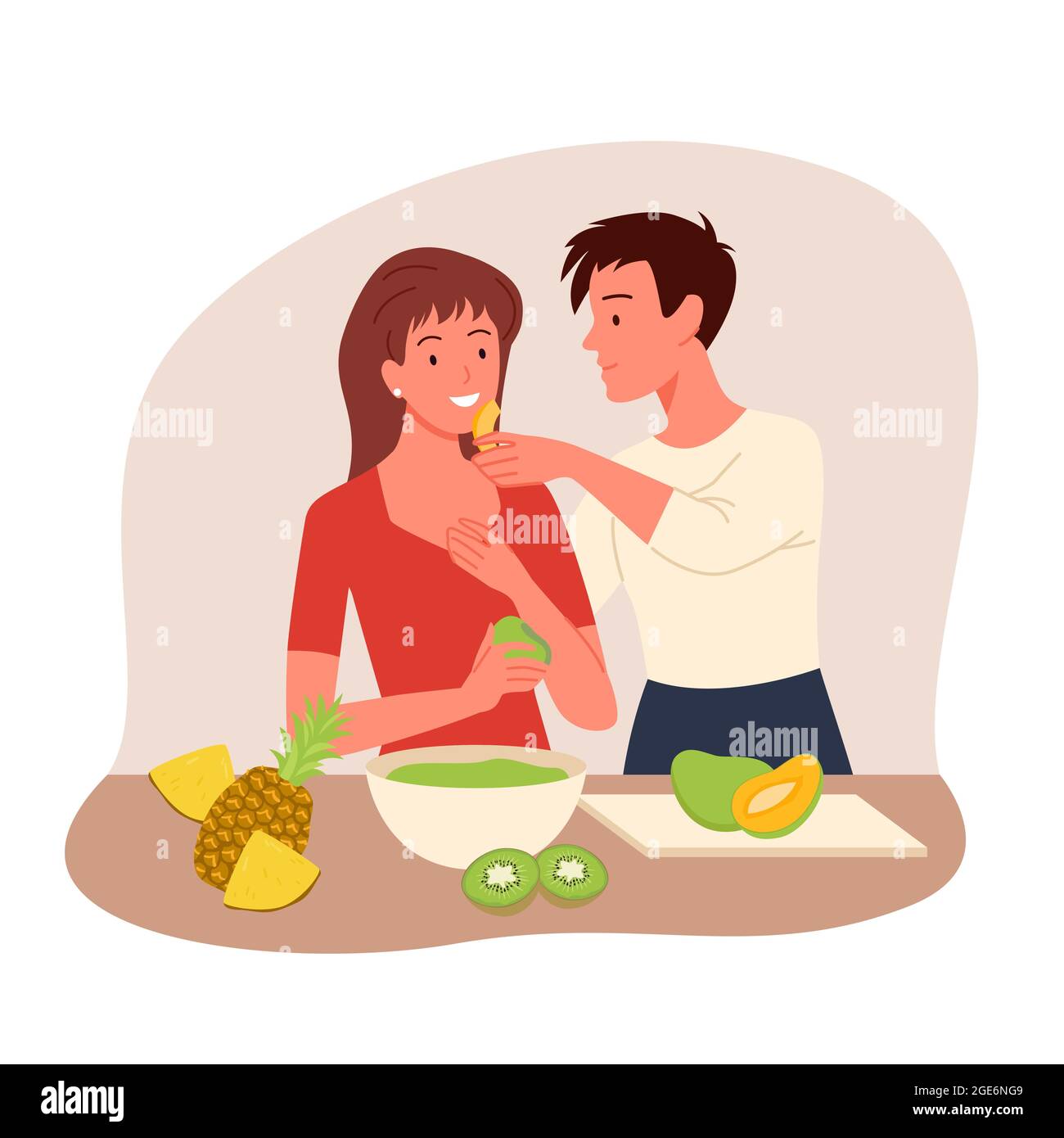 Caricature épouse et mari personnages debout, mignon couple aimant, embrassant et souriant, cuisine de nourriture, isolé sur blanc. Les couples passent du bon temps Illustration de Vecteur