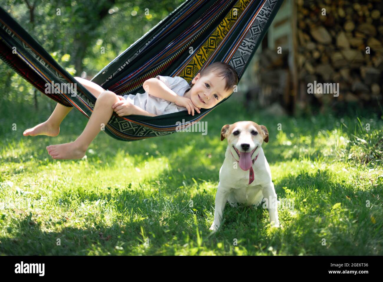 Petit enfant sur hamac avec chien blanc chiot race Jack russel terrier sur cour d'été. Concept d'enfance heureuse Banque D'Images