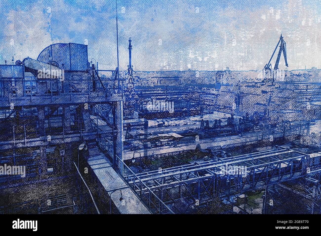 Territoire du chantier naval. Station d'accueil sèche. Grues, magasins, structures métalliques. Industrie. La vue du dessus en formant un angle. Coloration. Peinture numérique. Contempora Banque D'Images