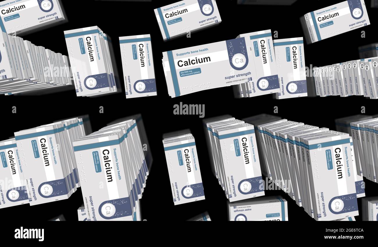 Production de boîtes de comprimés de calcium. Pack de pilules de supplément de régime pour la santé osseuse. Illustration du rendu 3d du concept abstrait. Banque D'Images