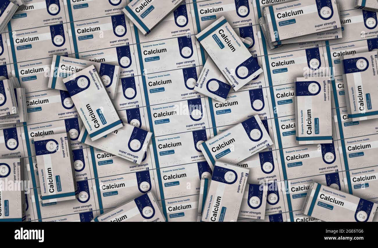 Production de boîtes de comprimés de calcium. Pack de pilules de supplément de régime pour la santé osseuse. Illustration du rendu 3d du concept abstrait. Banque D'Images
