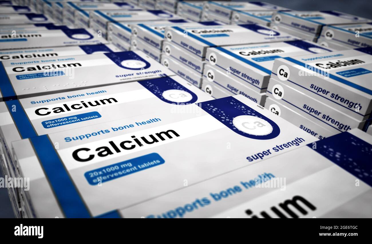 Production de boîtes de comprimés de calcium. Pack de pilules de supplément de régime pour la santé osseuse. Illustration du rendu 3d du concept abstrait. Banque D'Images