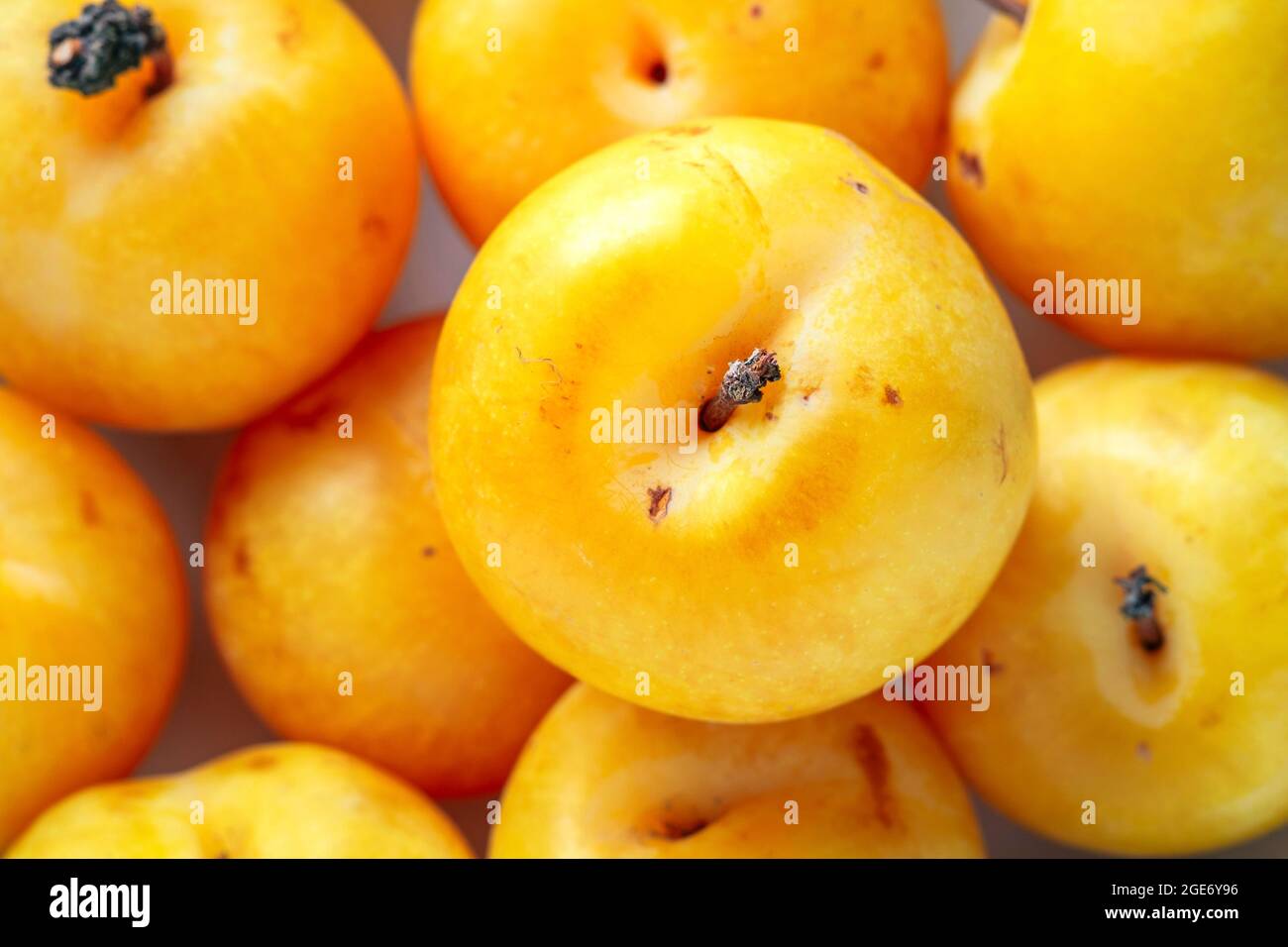 Prunes fraîches et jaune vif en groupe – blanc FOOPPIX Banque D'Images