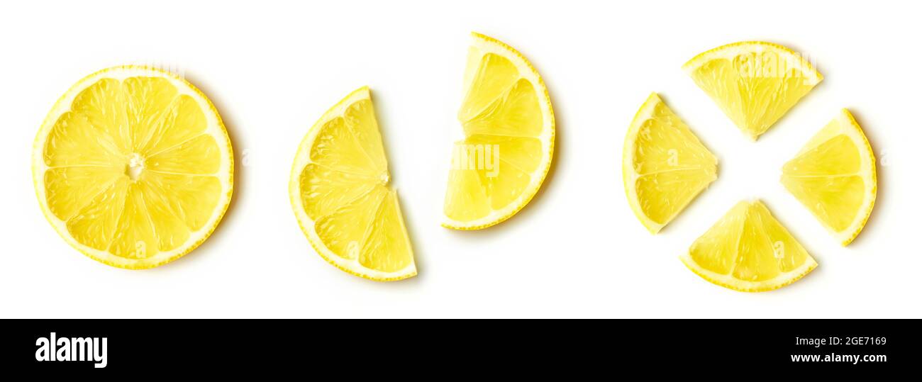 Tranches de citron isolées sur fond blanc, vue de dessus Banque D'Images