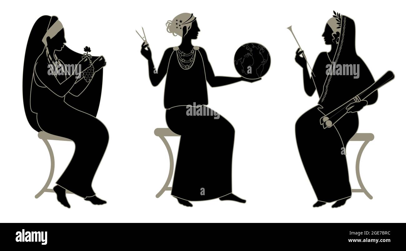 Trois femmes dans le style grec ancien. Nymphes des déesses. Muses de paroles et de chants, histoire et astronomie. Illustration de Vecteur